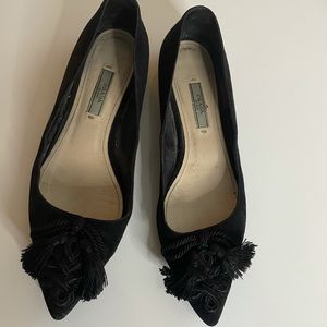 Prada Women's Black Suede Tassel Pointed Toe Ballet Flats Shoes Size 37